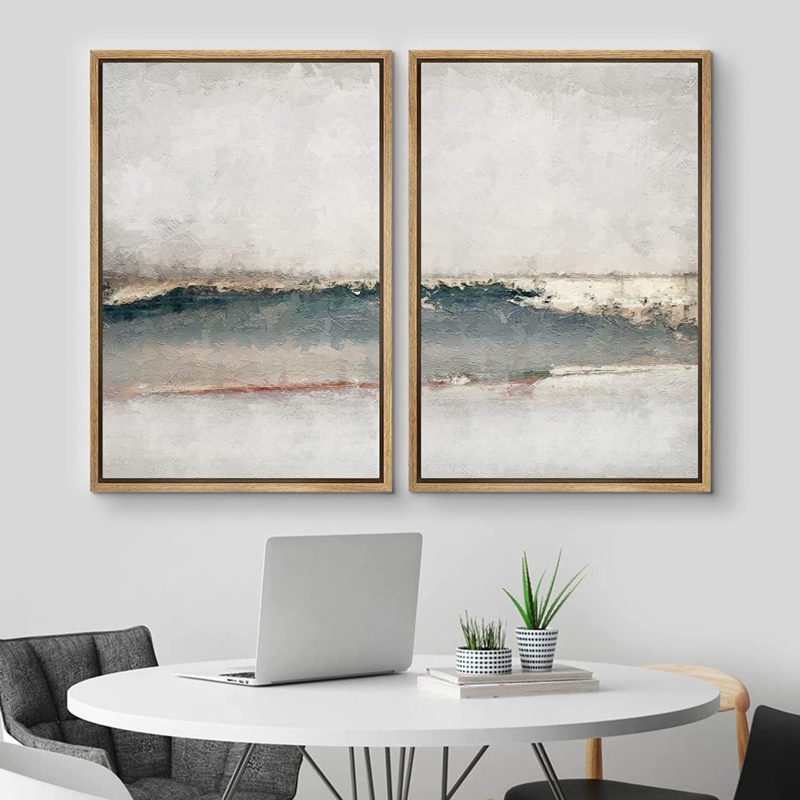 Pastel Gray Teal Abstract Landscape Modern Wall Art Decor Framed Canvas 2 Pieces Painting Print