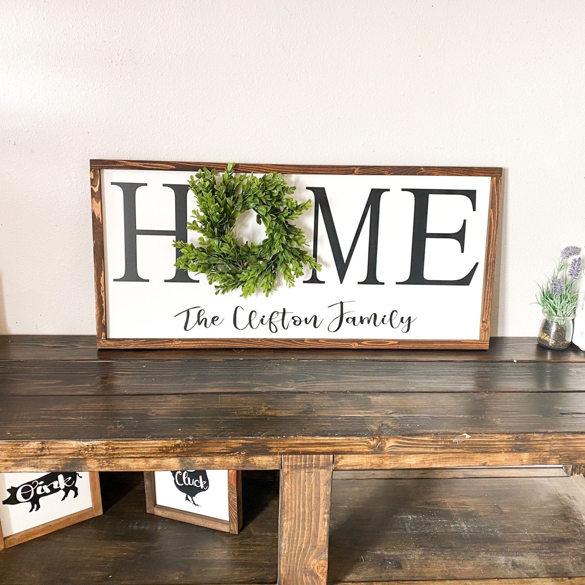 Personalized framed home sign with wreath / Rustic farmhouse wall decor / Last name frame sign / Housewarming gift / Custom home with name