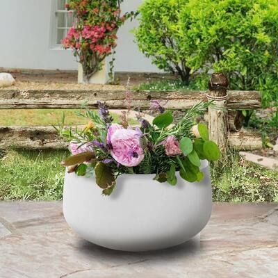 PLANTARA 16" D Round Solid White Concrete planter with Drainage Hole, Modern Flower pot, Plant pot for Garden,