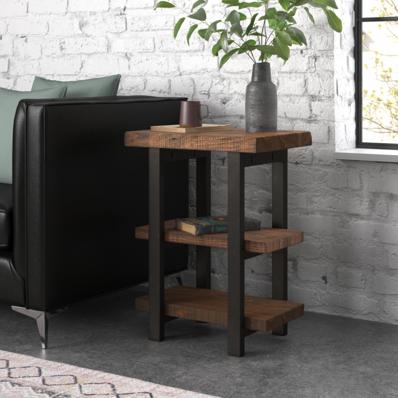 Pomona 20" Wide Rustic Industrial Solid Wood And Metal Frame End Table With 2 Open Shelves