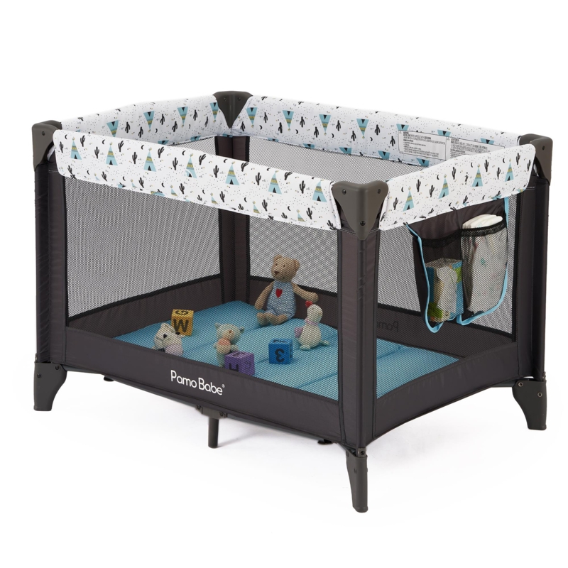 Portable Upholstered Crib with Mattress and Storage