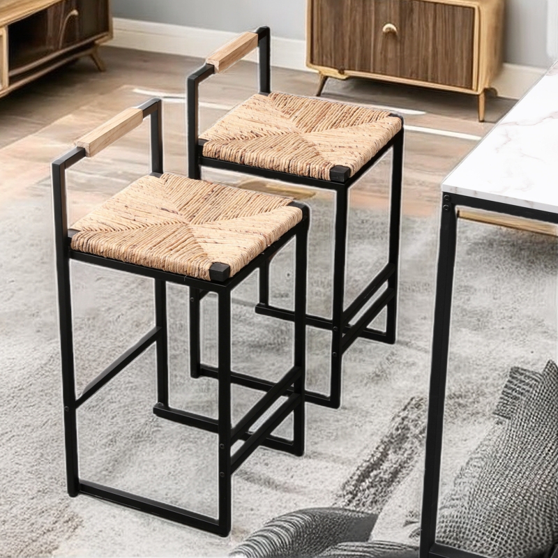 Prakhar 25'' Woven Water Hyacinth Counter Bar Stool with Low Back Set