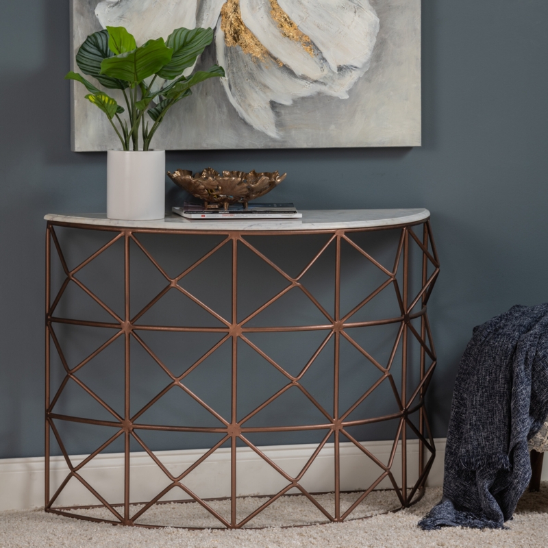 Raina 40" Marble Half-Round Console Table, Gold