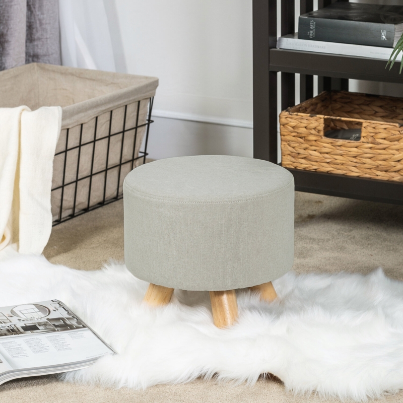 Round Ottoman Foot Rest Stool, Small Fabric Footstool With Non-Skid Wood Legs, Beige