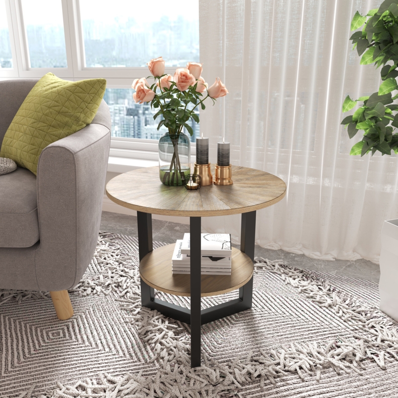 Round Side Table, 2-Tier End Table Nightstand,With Storage Rack Snack Table Wood Look Accent Table With Metal Frame For Living Room, Bedroom, Coffee, And Small Spaces,Oak