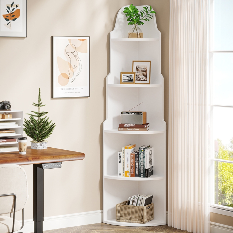 Ryver 5 Tier Corner Bookcase, 68.9'' H x 13.8'' W Modern White Corner Shelves