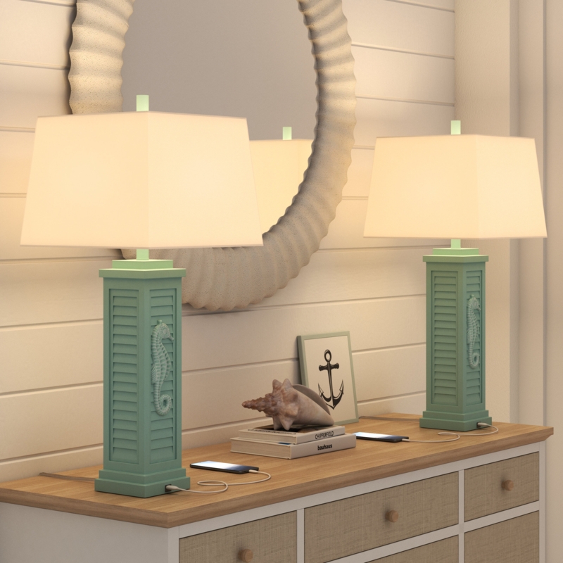 Sea Horse Shutter, 32 Teal Blue/Green Coastal Lamp with USB (Set of 2)