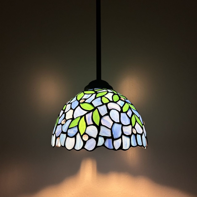 Simonson Tiffany Mini Hanging Lights Blue Stained Glass Green Leaves LED Bulb Included H60"W8"