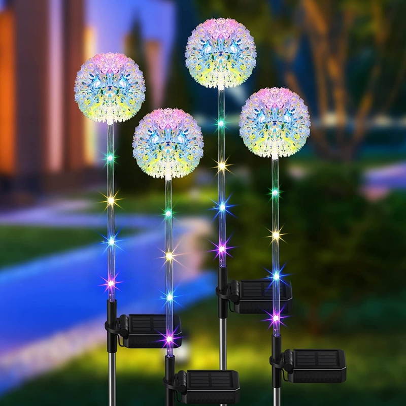 Solar Lights Outdoor Decorative, Solar Dandelion Garden Lights With Colorful String Lights, Upgraded Waterproof Solar Decoration For Garden, Patio, Yard, Landscape Decor (Set of 4)