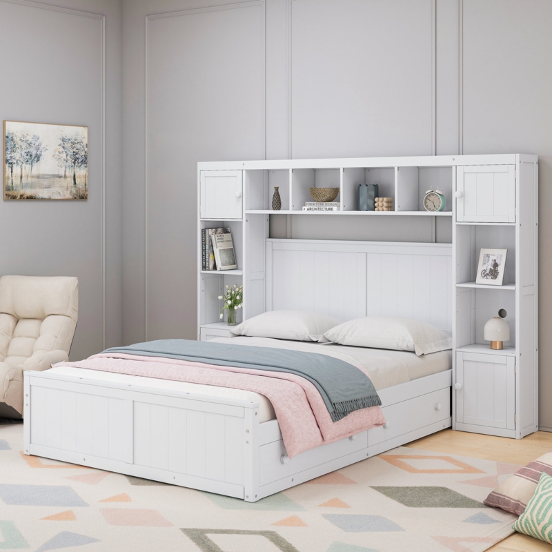 Solid Wood Bookcase Bed Frame With Headboard
