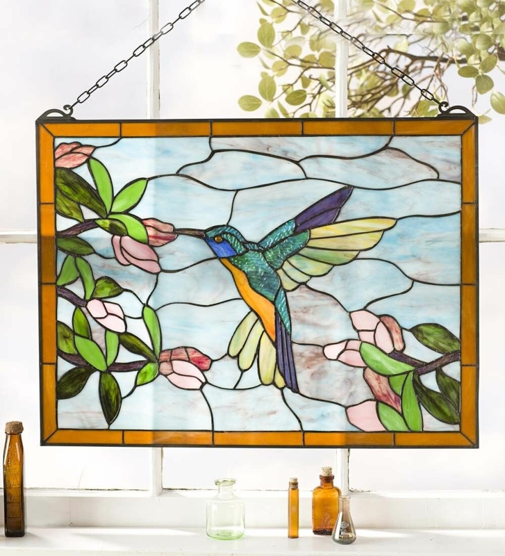 Stained Glass Hummingbird Art Panel with Metal Frame and Chain