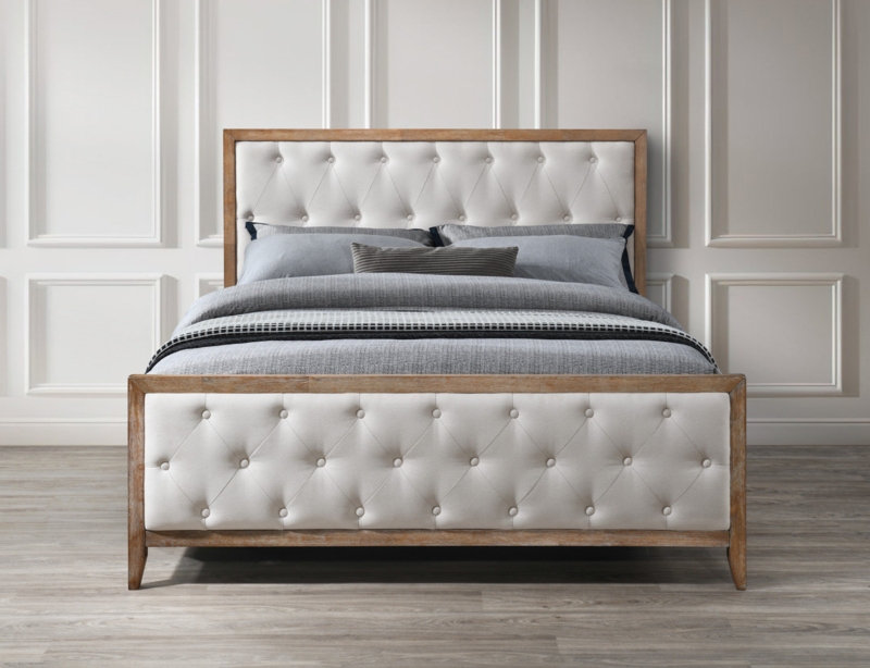 Stella Queen Solid Wood and Upholstered Platform Bed Frame, Tufted Headboard, No Box Spring Needed
