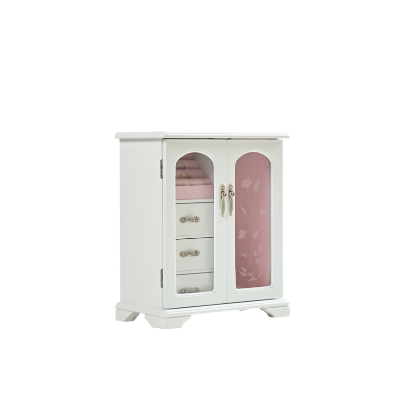 Stufurhome Solid Wooden Jewelry Box with 3-Drawers Built-in Necklace Carousel and Mirror