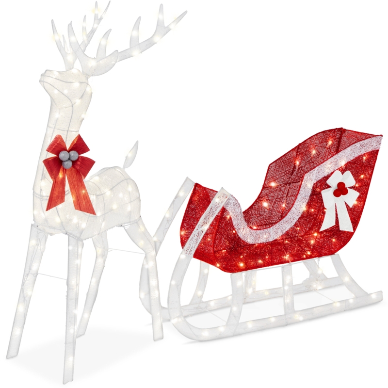 The Holiday Aisle Lighted Christmas 4Ft Reindeer & Sleigh Outdoor Yard Decoration Set W/ 205 LED Lights, Stakes - White