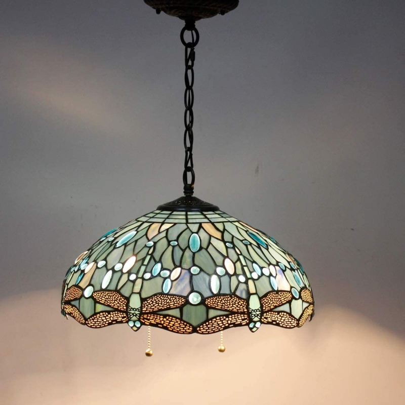 Tiffany Pendant Light Fixture Sea Blue Stained Glass Dragonfly Hanging Lamp Wide 16inch Height 40inch
