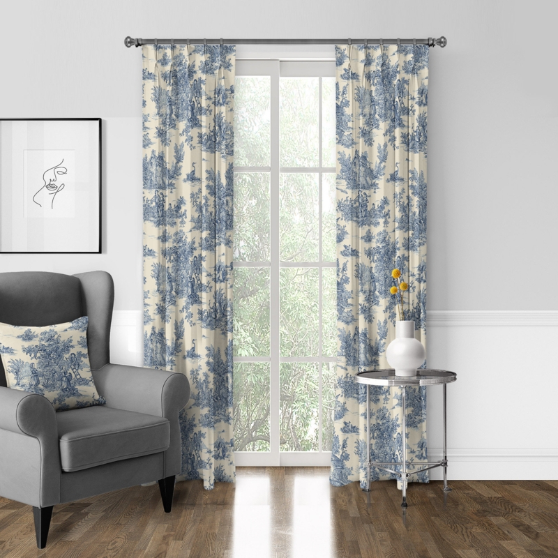 Toile De Jouy 100% Cotton Toile Room Darkening Pinch Pleat Single Curtain Panel