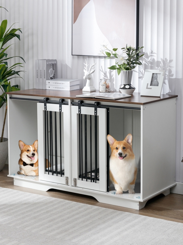 Tucker Murphy Pet 2-in-1 Furniture Style Dog Crate, 55" Wooden Dog Furniture End Table With Pull-out Feeders, Heavy Duty Dog Kennel With Sliding Doors, Indoor, Chew Resistant, For 2 Small/medium Dogs (white)