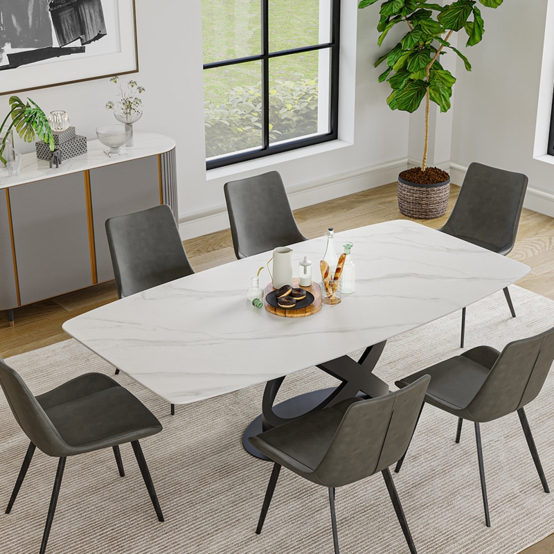 Turid Modern White Dining Table, Sintered Stone Tabletop, Solid Carbon Steel Base