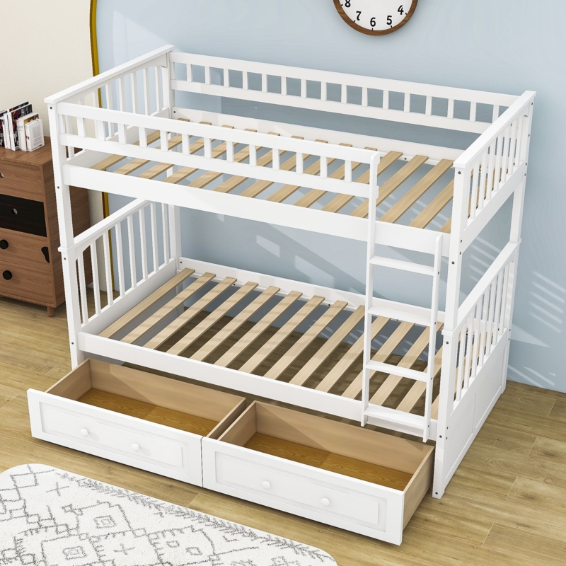 Twin Over Twin Wood Standard Bunk Bed With 2 Drawers