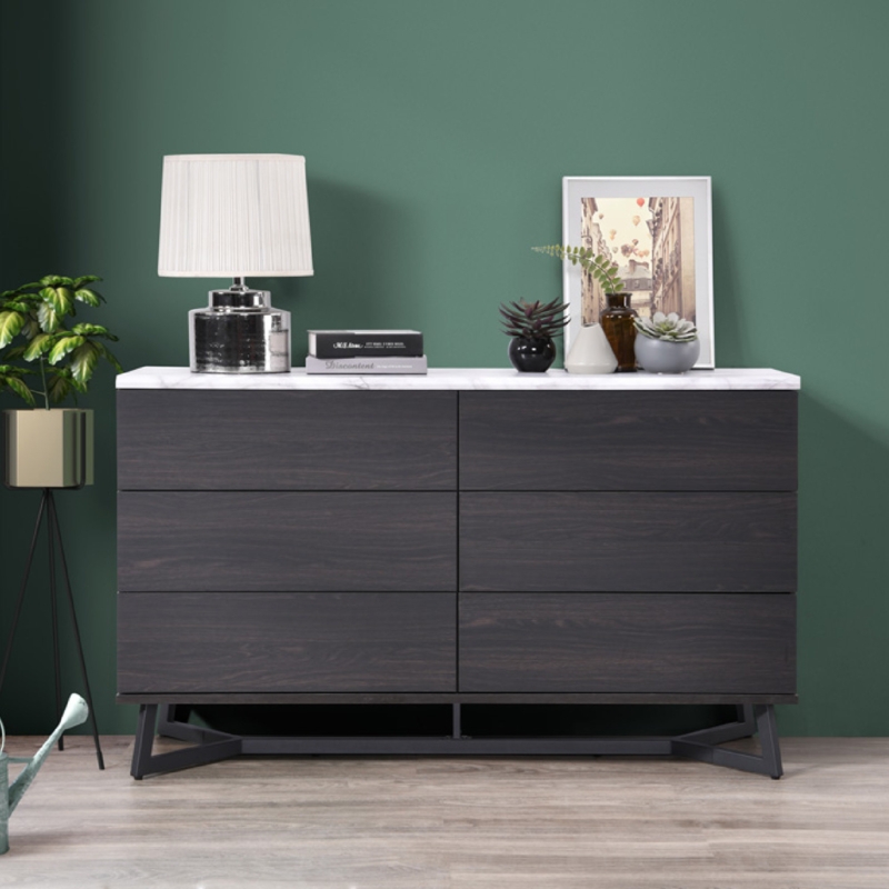 Weston Modern 6-Drawer Buffet, Natural Wood Grain, Faux Marble Veneer, 52"