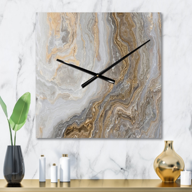 White Marble with Curley Grey and Gold Veins - Glam Wall Clock