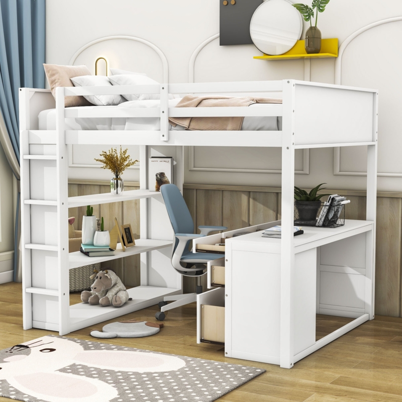 Yisroel Kids Full 5 Drawers Wood Loft Bed with Build-in Desk and Shelves