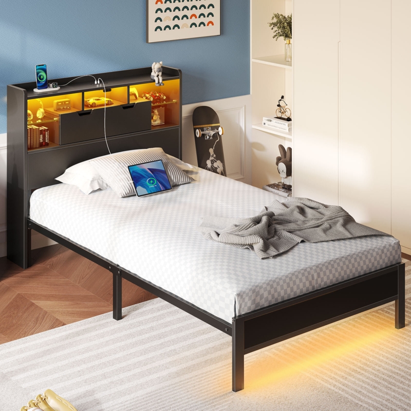Zohreh Metal Bookcase Storage Bed with RGB LED Lights and Charging Station