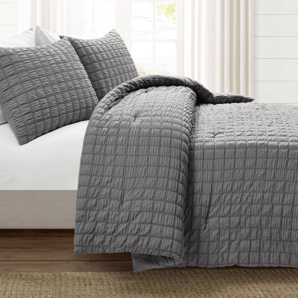 3pc Full/Queen Crinkle Textured Dobby Comforter & Sham Set Dark Gray - Lush Dcor