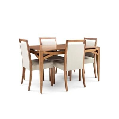 5-Piece Rectangle Almond Oak 55 in. Wood Top Dining Table Set with Beige Oak Edge Upholstered Chairs (Seats 4)