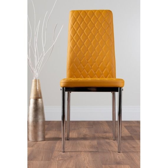 6x Milan Hatched Faux Leather Dining Chairs - Mustard / Chrome Hatched