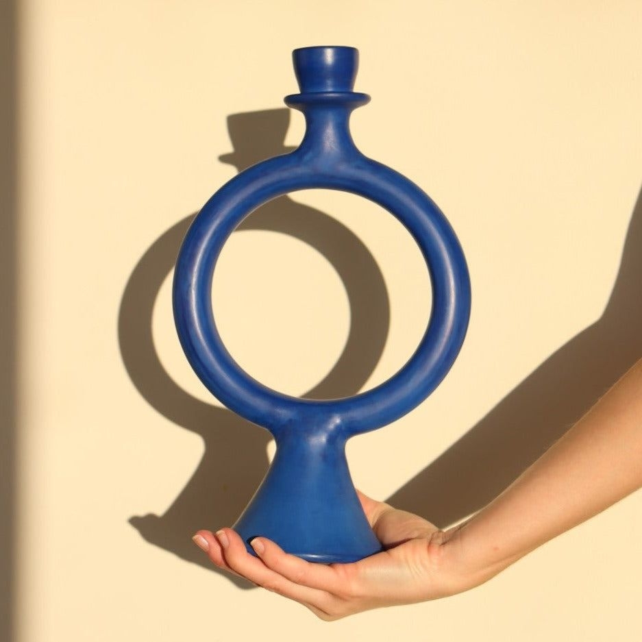Bougeoir Circulaire Cramique - Fait Main - Bleu Amazigh