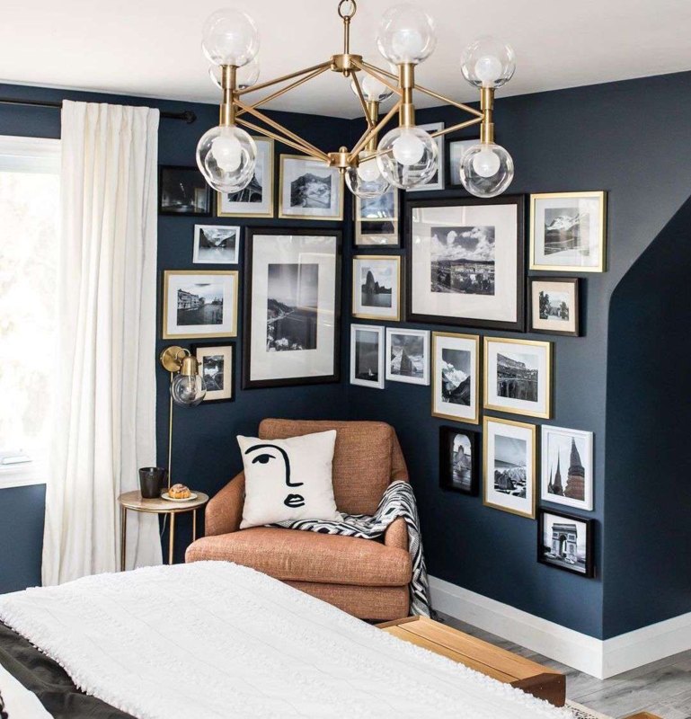 Cozy Navy Blue Bedroom with Gallery Wall