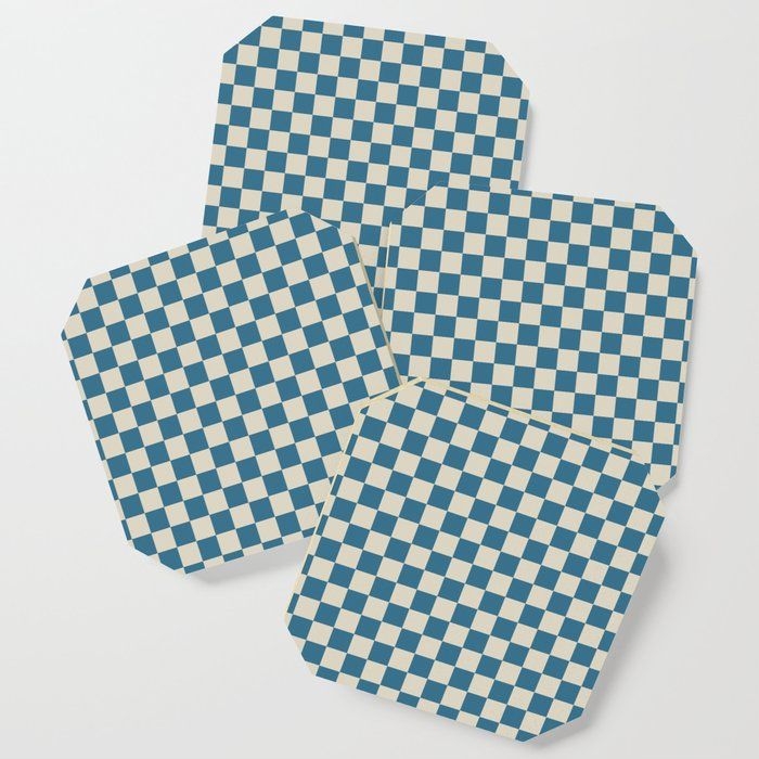 Drink Coaster | Tiny Checks Check Pattern In Boho Blue And Beige by Kierkegaard Design Studio - Set of 4 - Society6