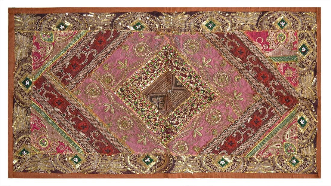 Hand Embroidered Antique Patches Sequin Work Wall Tapestry Decor From India