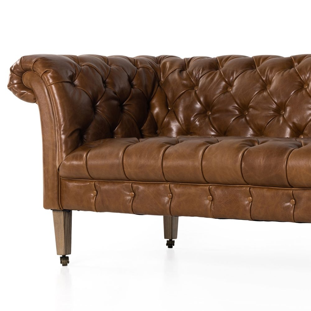 Kathy Kuo Home Victor Rustic Brown Upholstered Leather Wood Frame Tufted Casters Sofa - 82"W