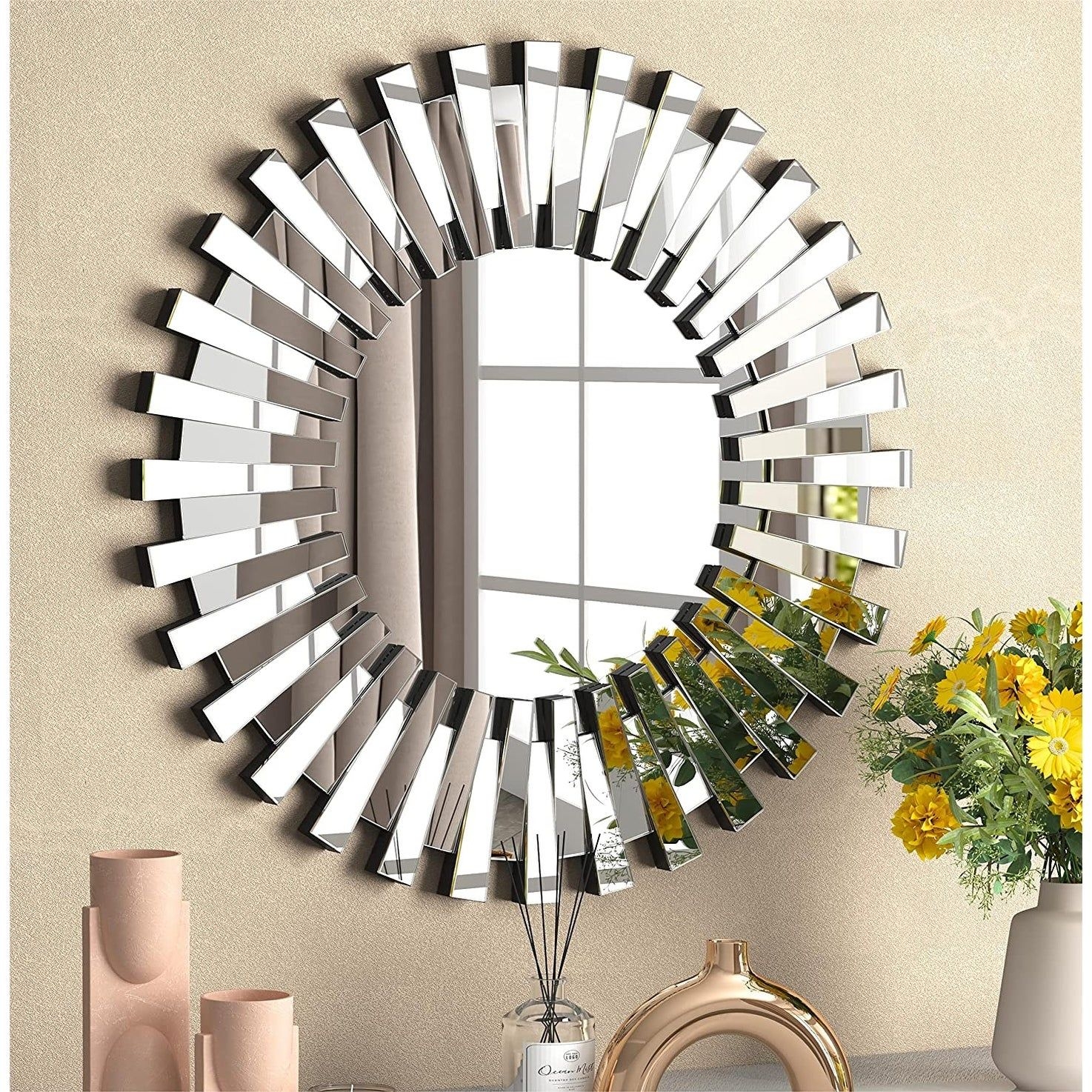 Large Round Wall Mirror Sunburst Accent Mirror for Living Room Decor