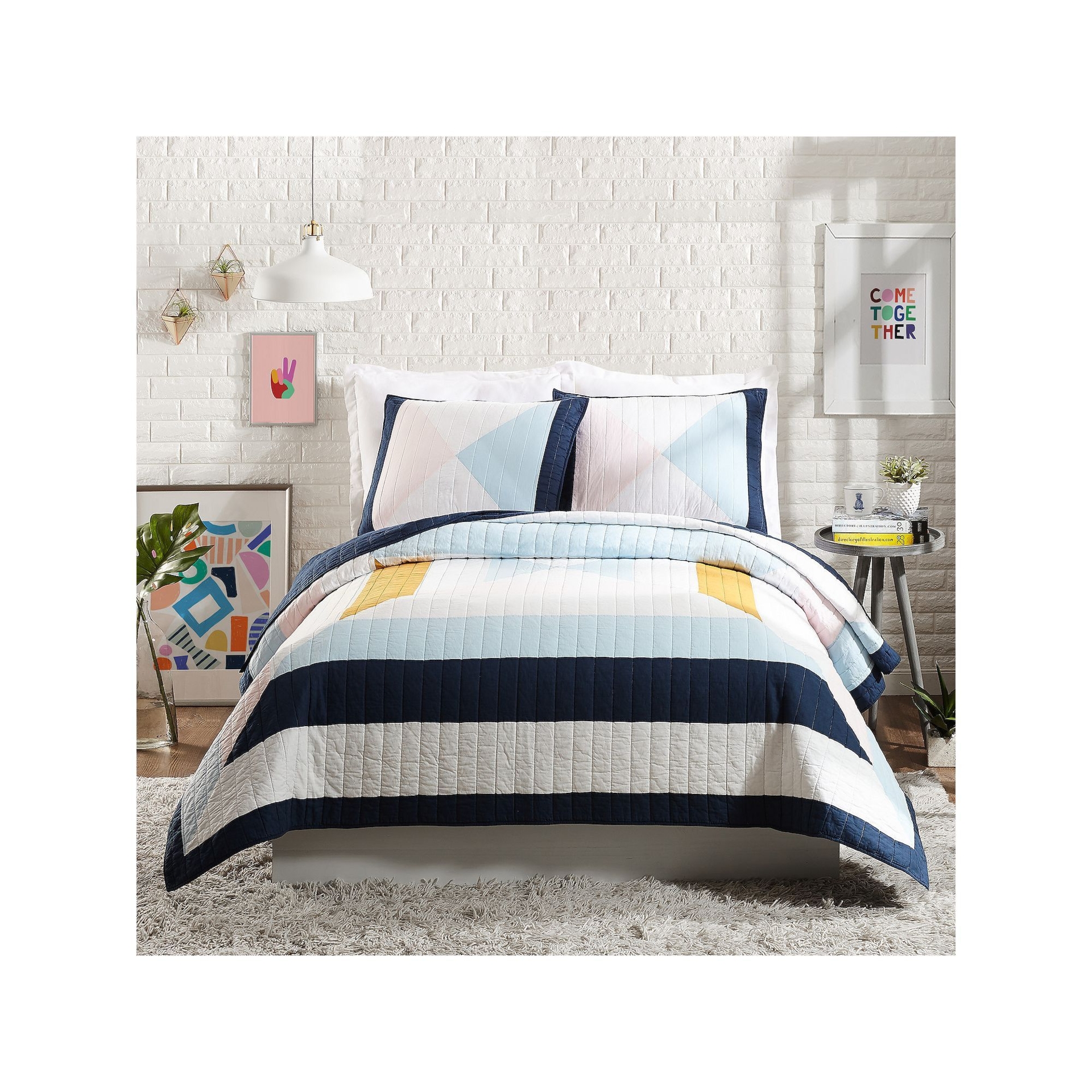 Makers Collective Ampersand Diamond Patchwork Quilt Set, Blue, Full/Queen