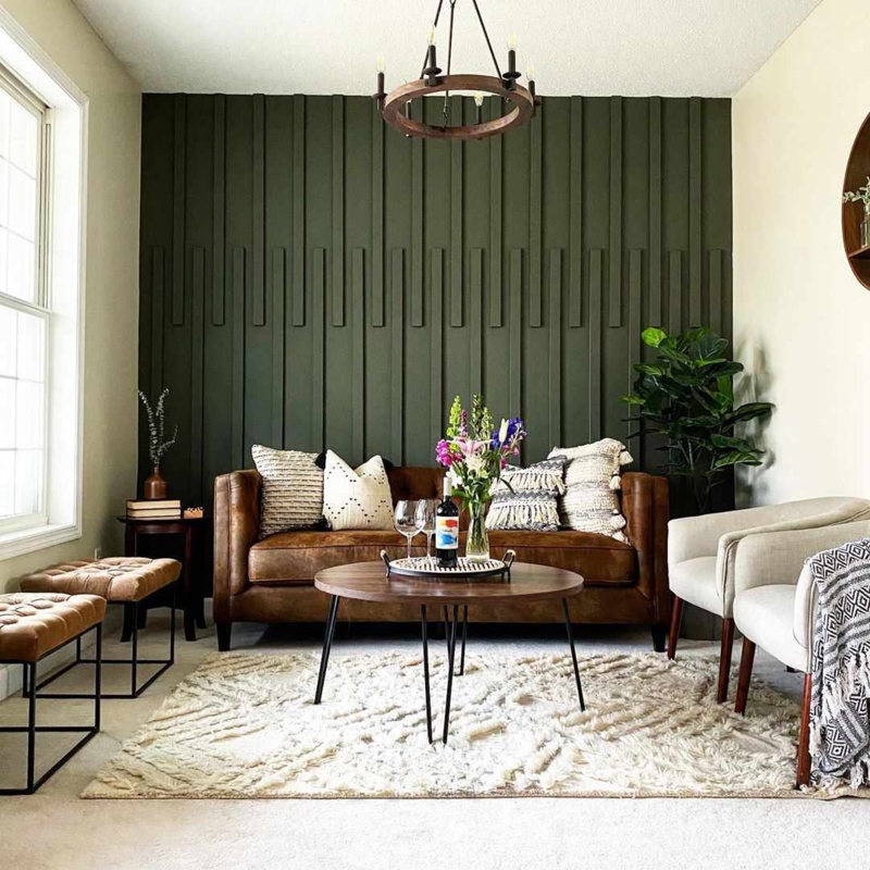 Modern Living Room with Textured Dark Green Accent Wall