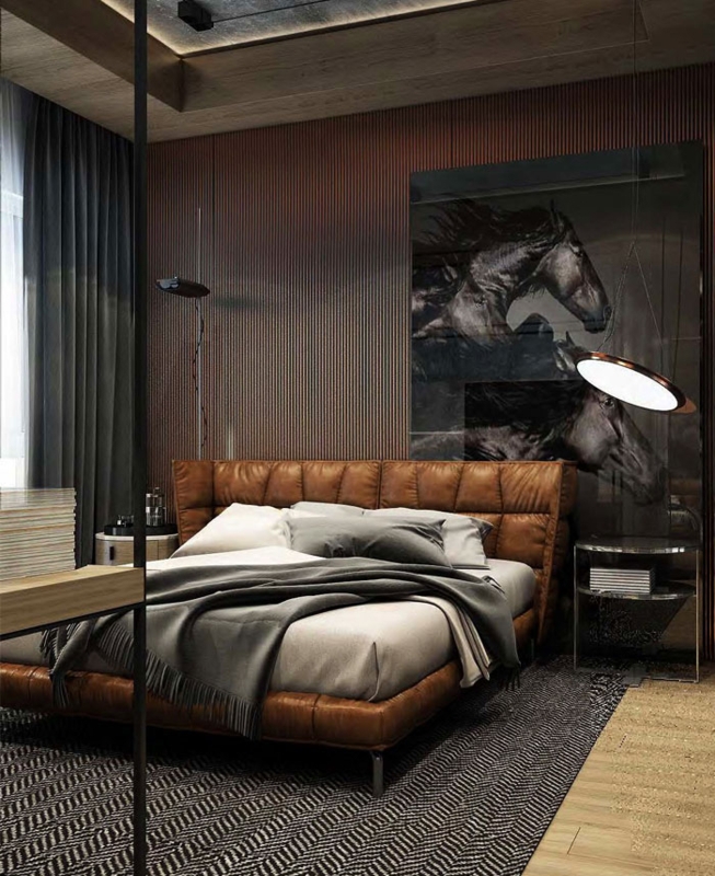 Modern Masculine Bedroom with Brown Leather Bed
