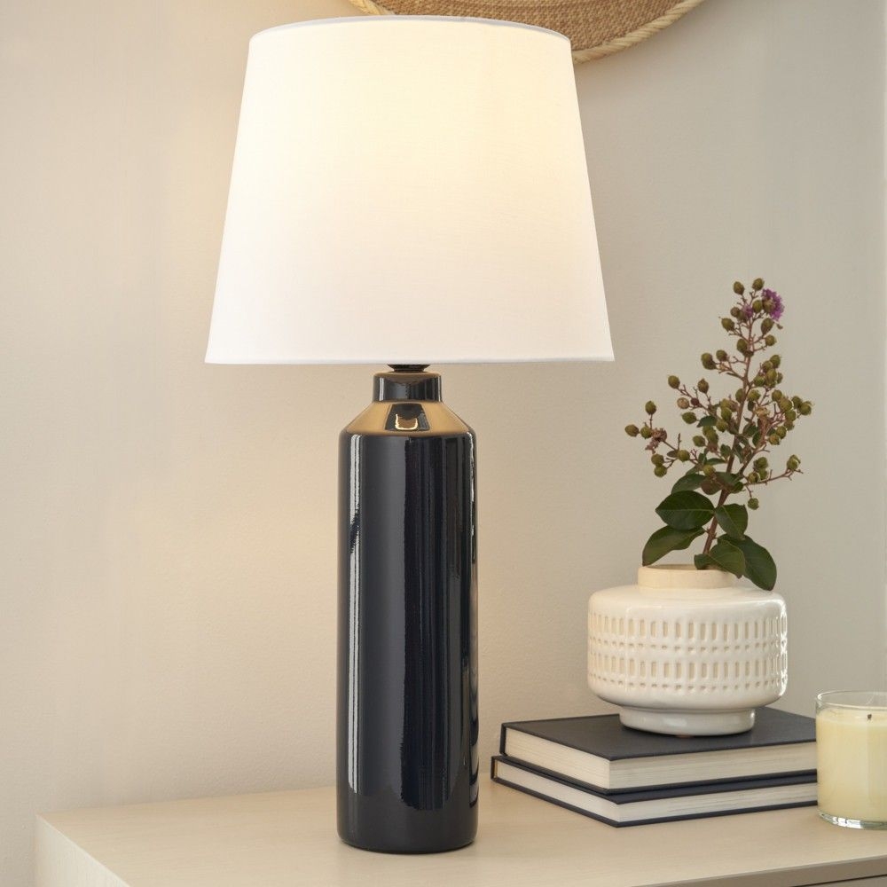 Nourison 22" Dark Blue Ceramic Cylinder Table Lamp