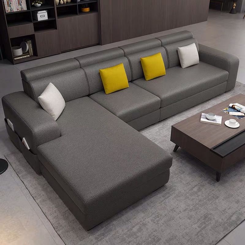 Square Arms Sectional Faux Leather/Linen Blend Sofa and Chaise for Apartment - Dark Gray / Faux Leather / Foam