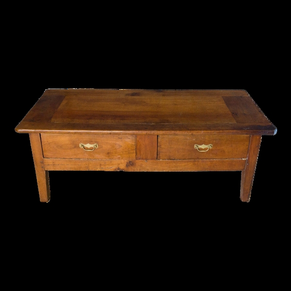 Table basse de ferme rustique en merisier XIXe 2 tiroirs