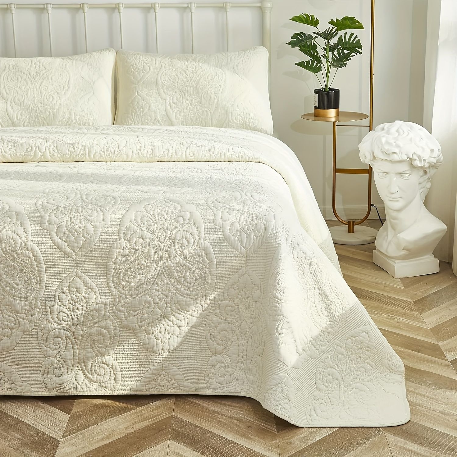 Temu3 piezas de lujo tamao queen con diseo paisley bordado, juego de edredn 100% algodn beige vintage, juego de colcha suave y ligera, para todas las estaciones