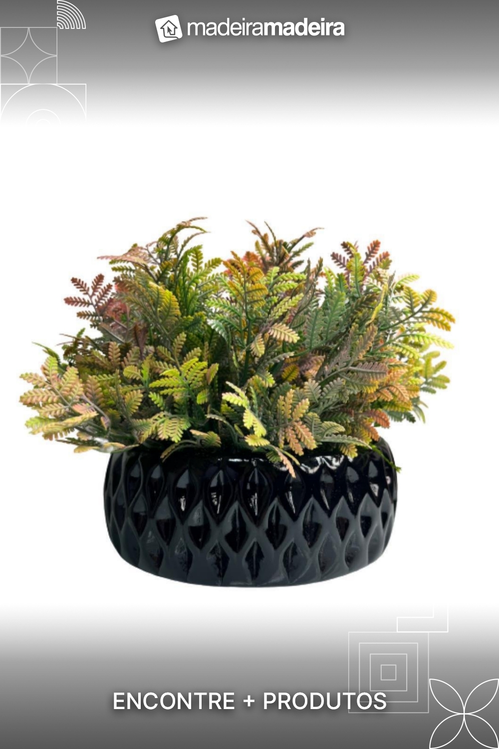 Vaso centro de mesa preto redondo com planta moderna