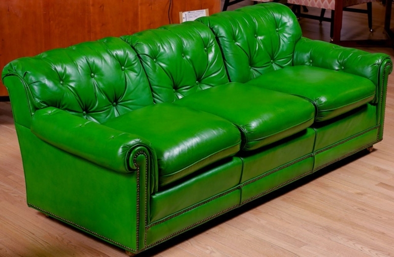 1960s Vintage Green Leather Tufted Sofa