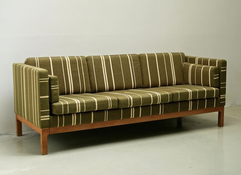 1960s Vintage Striped Green Sofa with Wood Frame