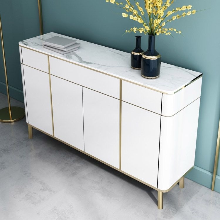 51" White Sideboard Buffet with Marble Top 4 Doors & 3 Drawers Gold ...