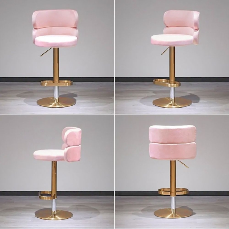 Adjustable Pink Velvet Swivel Bar Stool with Backrest