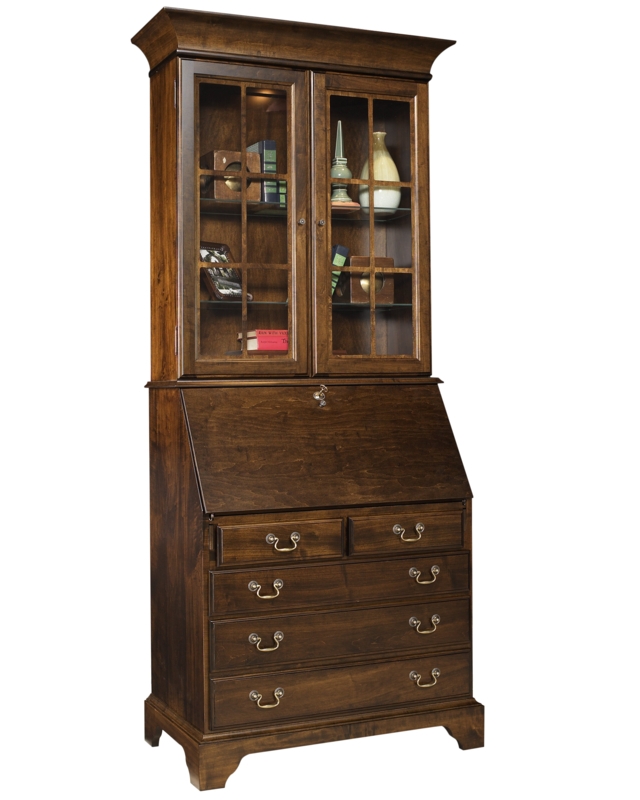 Amish Solid Wood Secretary Desk Hutch with Glass Doors