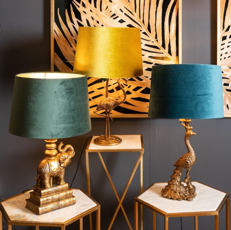 Antique Gold Animal Base Velvet Shade Table Lamps